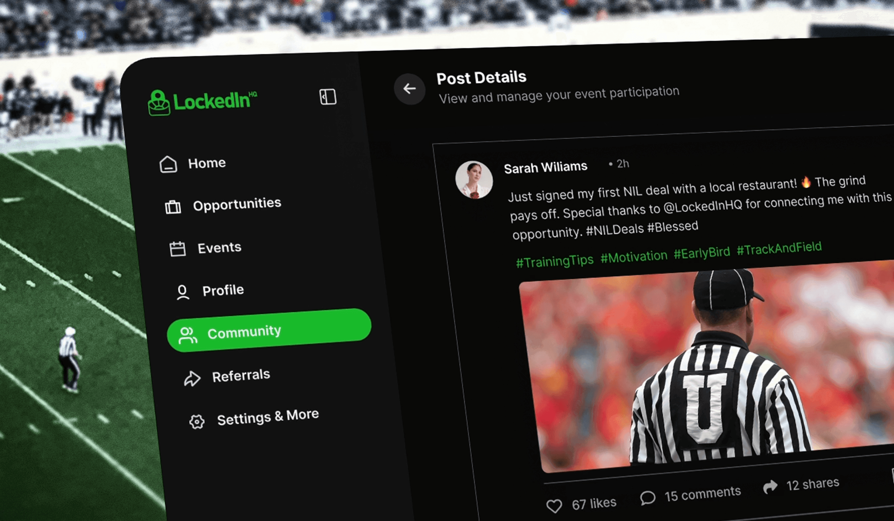 LockedIn HQ — community platform on a football field