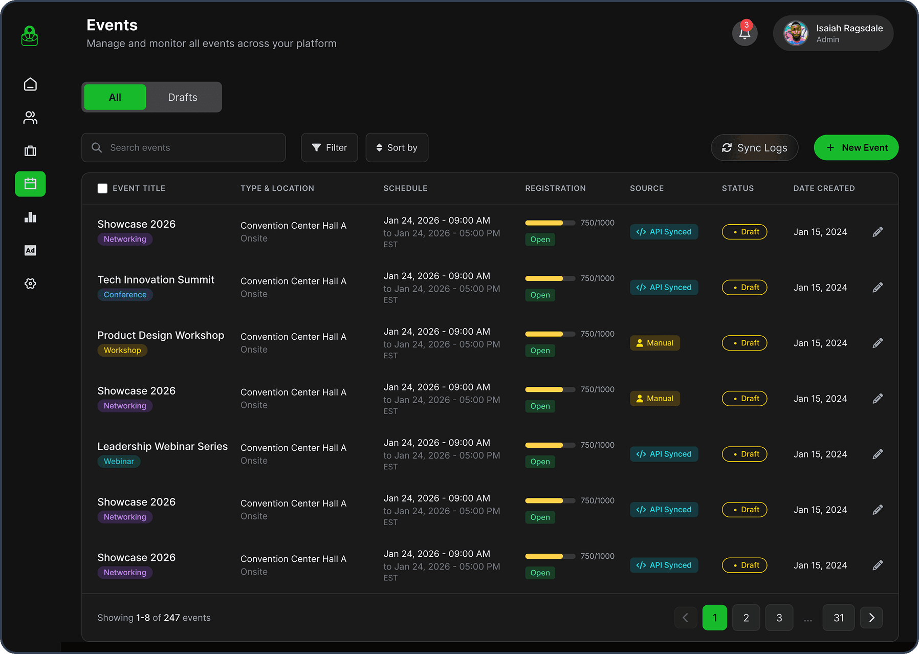Admin events management dashboard