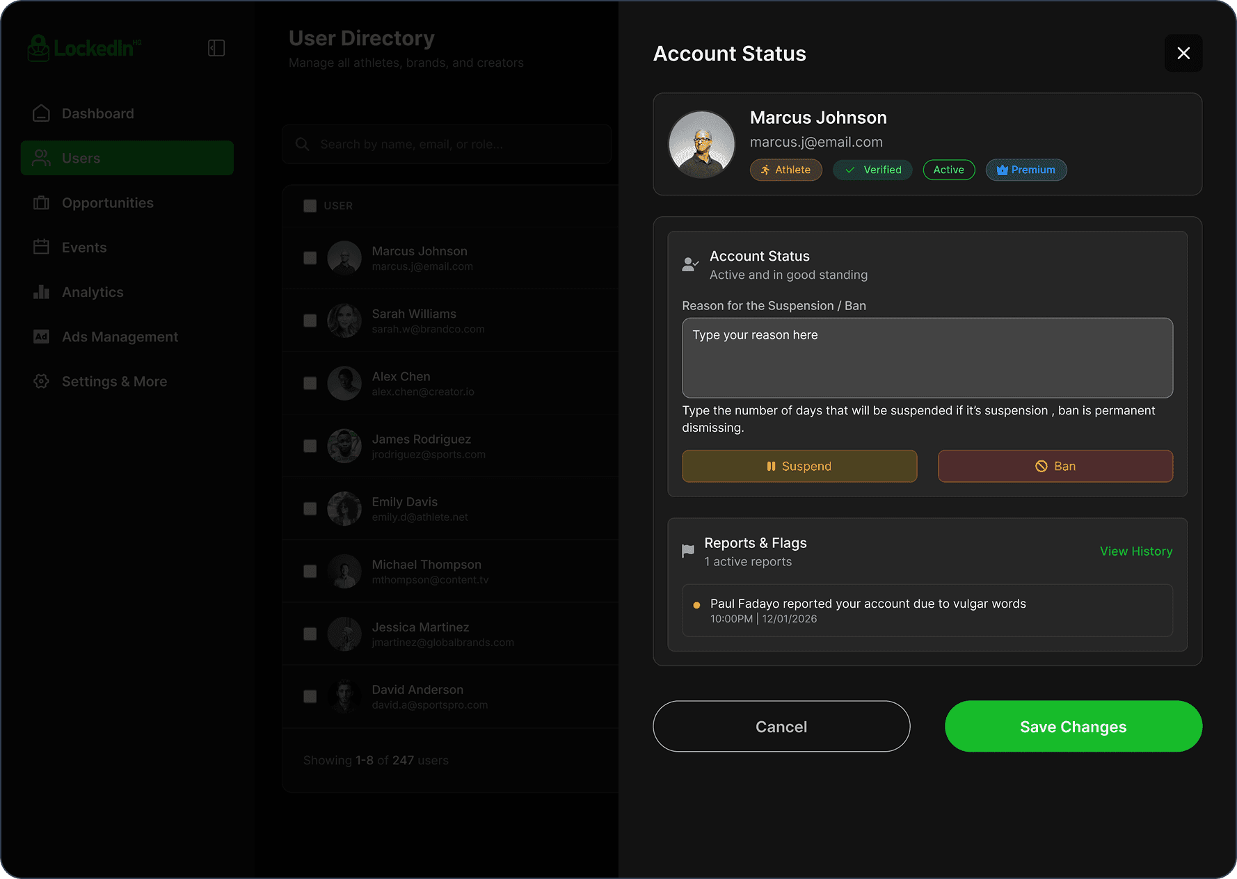 Admin user account status management