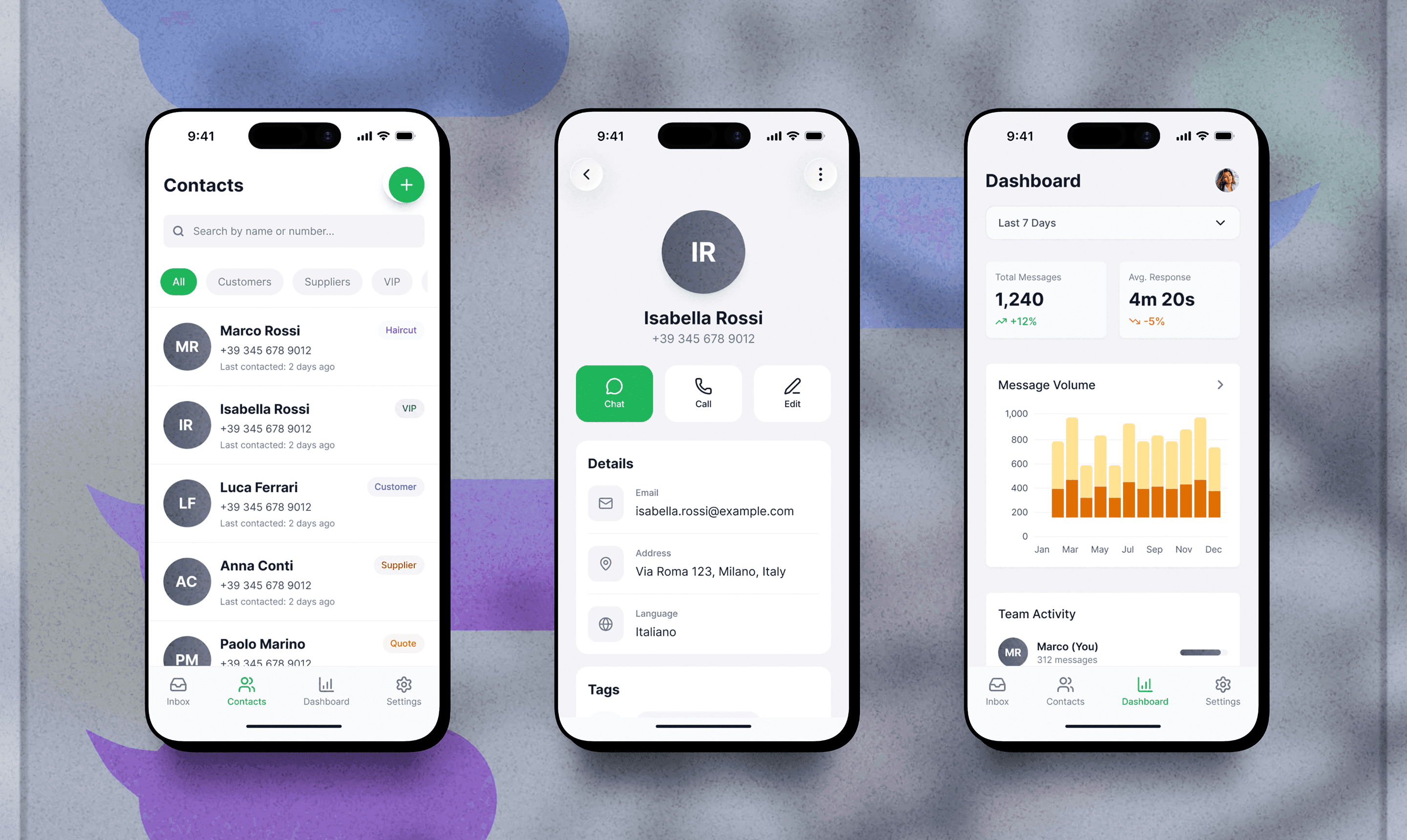 Yablio App Screens - Contacts, Profile, Dashboard