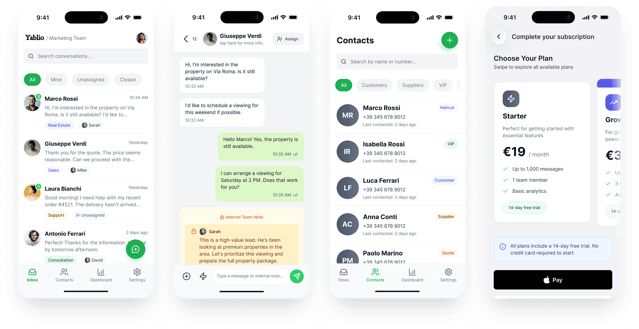 Yablio Team Inbox Screens